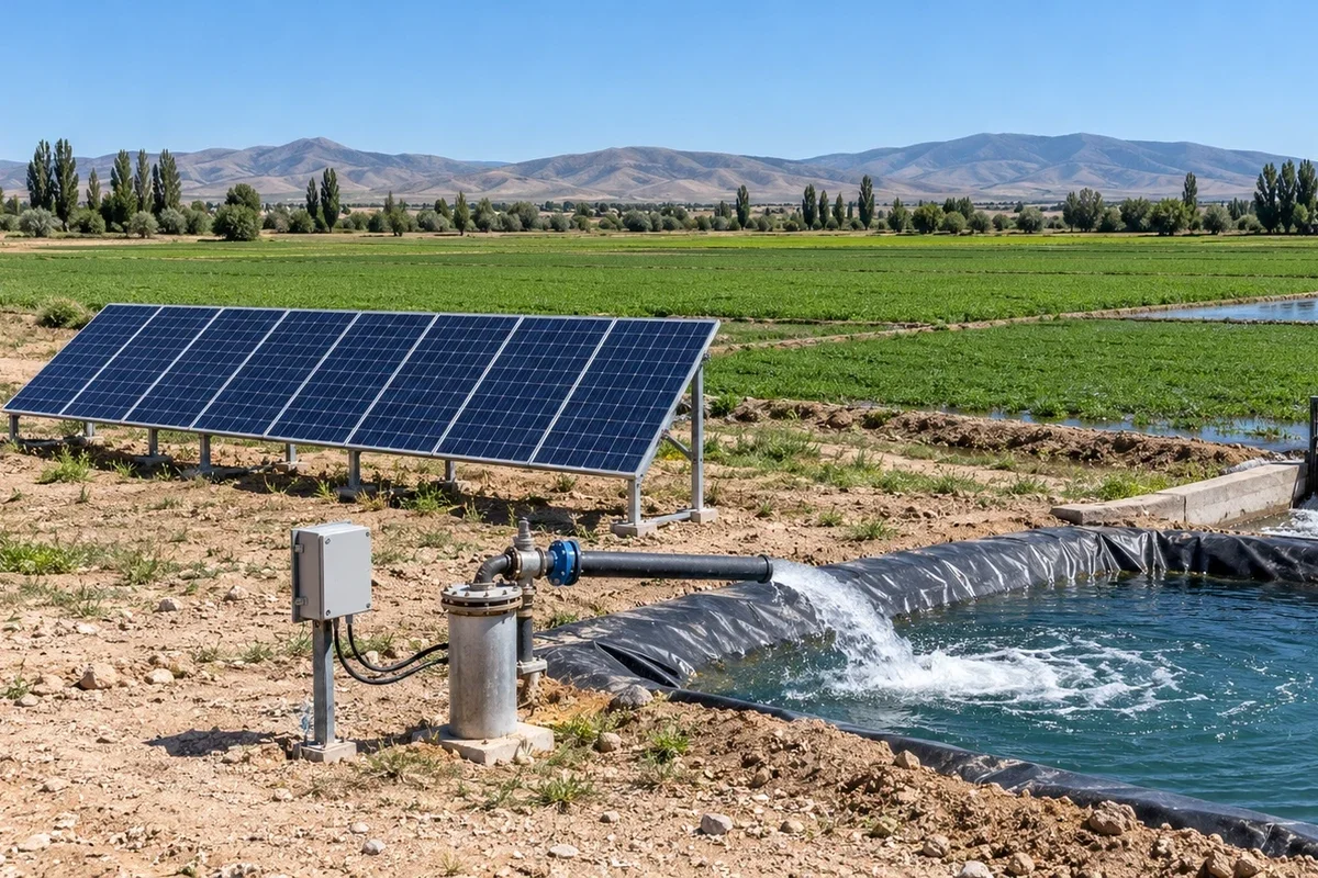 Yonca tarlasında 8 güneş paneli ve kontrolörle çalışan Hegel 2200 W dalgıç pompa, geomembran kaplı havuzu dolduruyor; havuzdan salma sulama