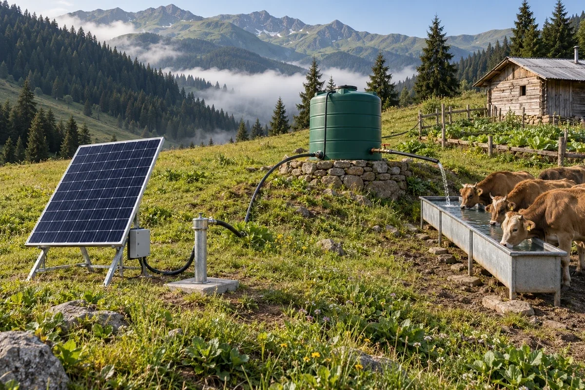 Yaylada tek güneş paneli ve sürücüyle çalışan 210 W dalgıç pompa; su taş kaide üzerindeki yaklaşık 2 m³ depoya, oradan hayvan yalağına ve sebze bahçesine gidiyor