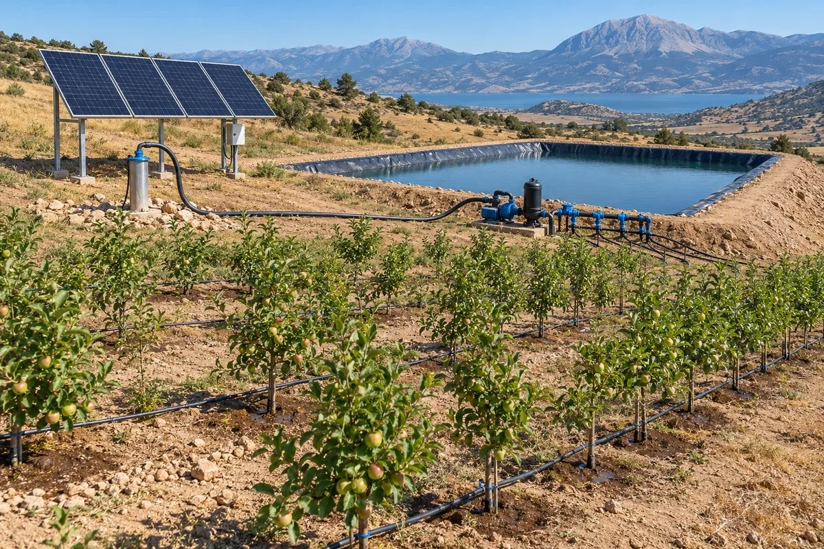 Yayla elma bahçesinde 4 güneş paneli, sürücü kutusu, kuyu başı ve geomembran kaplı gölet; göletten elma sıralarına damla sulama hatları