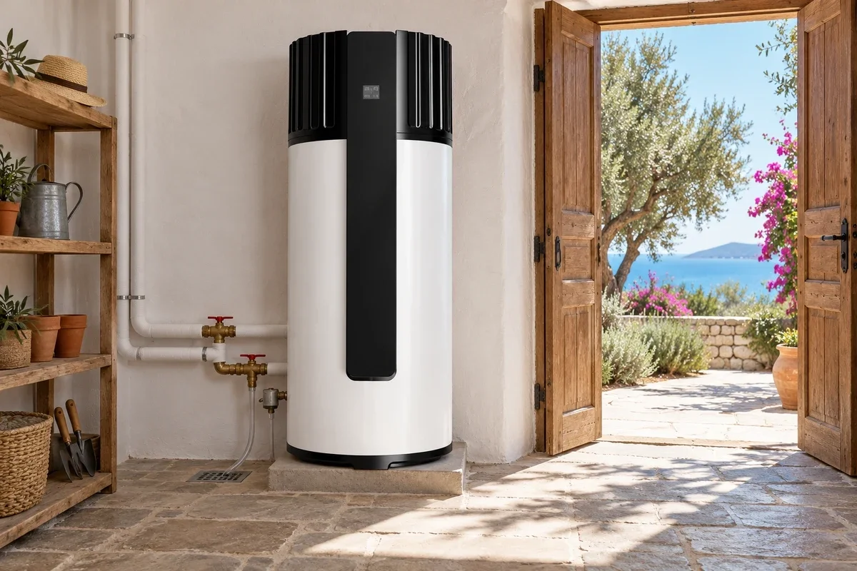 Varmeks VARM ALL 300 litre R290 boyler ısı pompası, bahçeye açılan Ege villası teknik odasında beton kaide üzerinde, 1.920 mm yükseklik