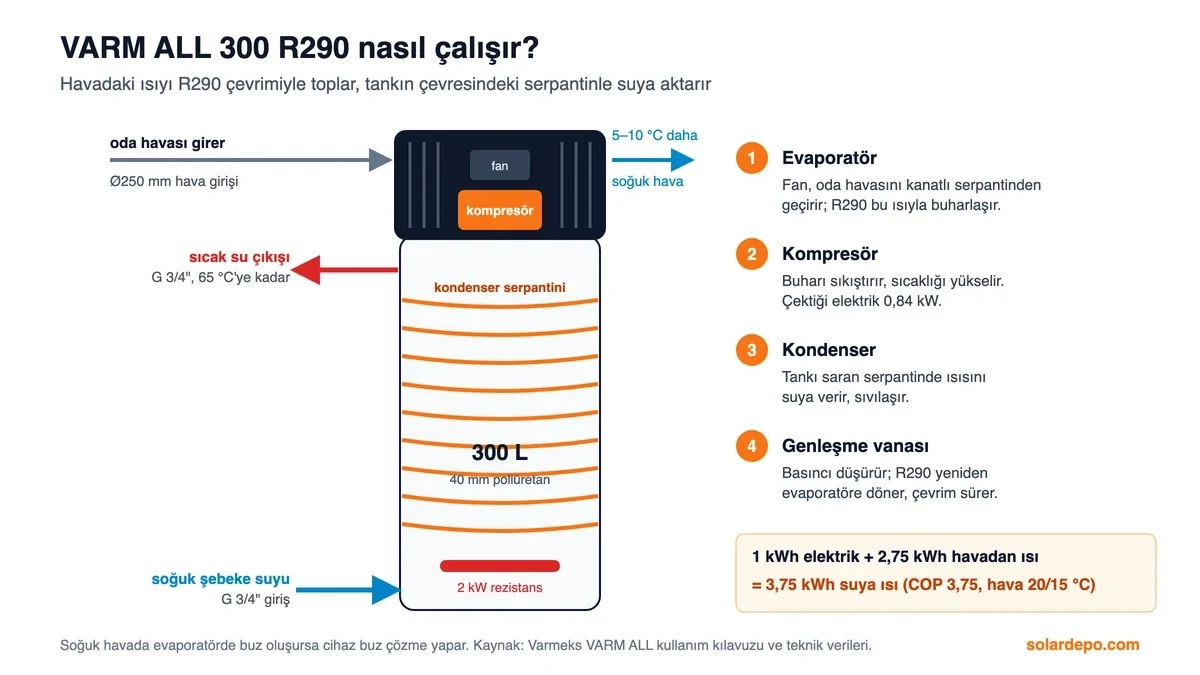 VARM ALL 300 R290 çalışma şeması: Ø250 mm hava girişi, evaporatör, kompresör, 300 litre tankı saran kondenser serpantini, 2 kW rezistans, G 3/4 su bağlantıları