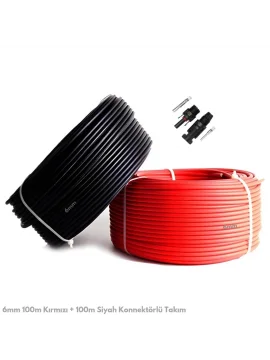 6mm 100m Kırmızı + 100m Siyah Solar Kablo ve Konnektör Set