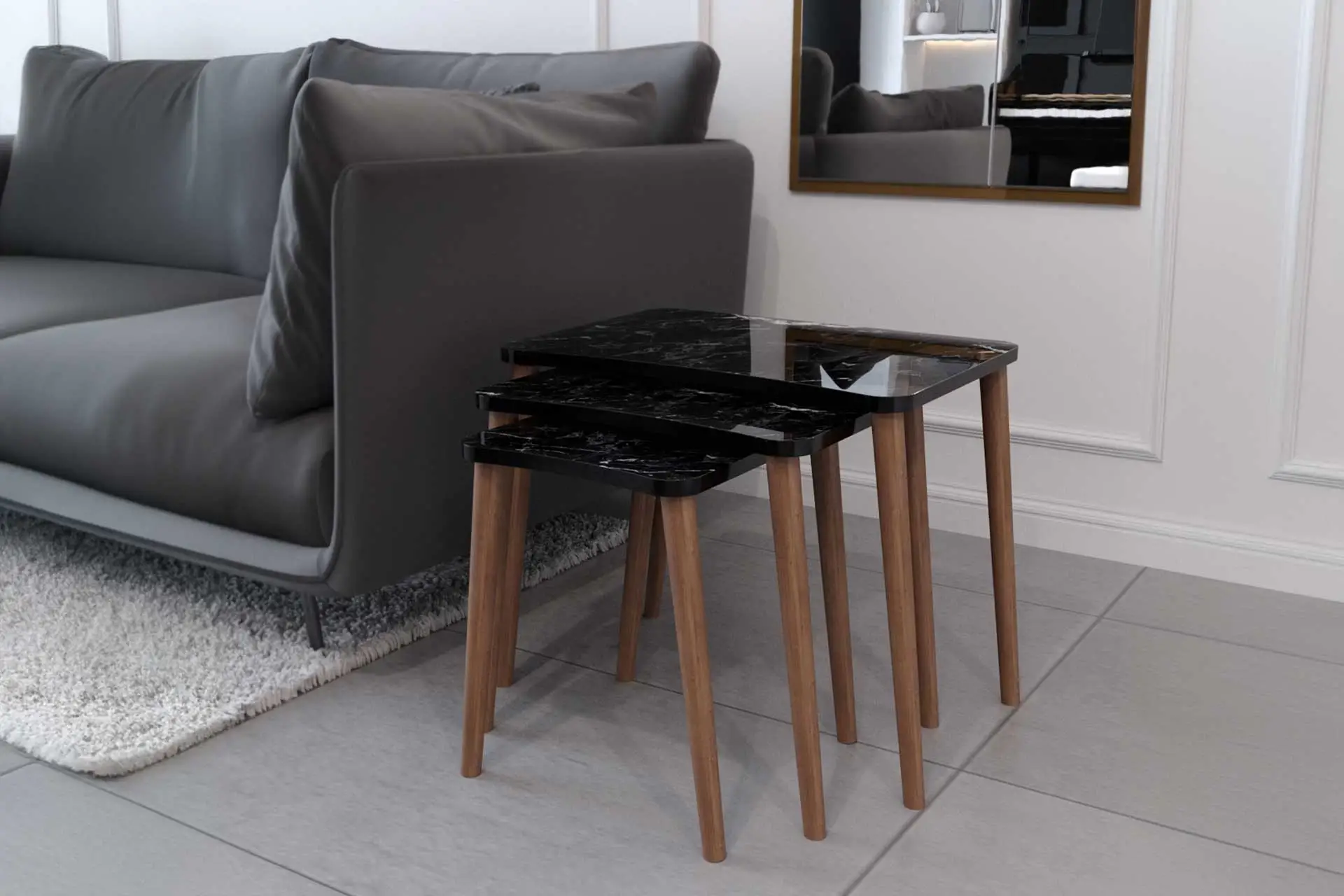 Balkır 3lü Ahşap Ayaklı Zigon Sehpa Siyah Mermer