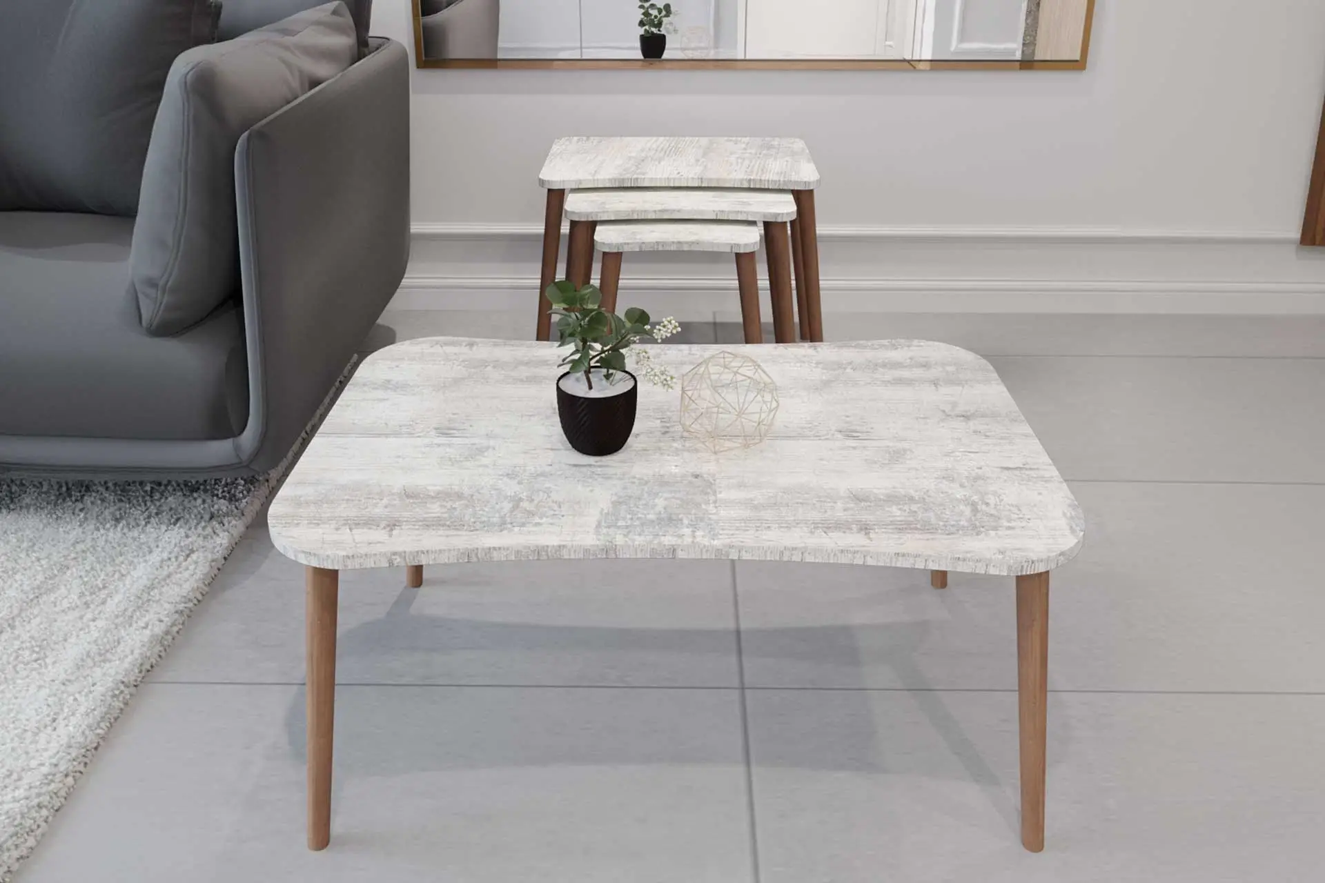 Balkır 4lü Ahşap Ayaklı Zigon ve Orta Sehpa Seti Kristal