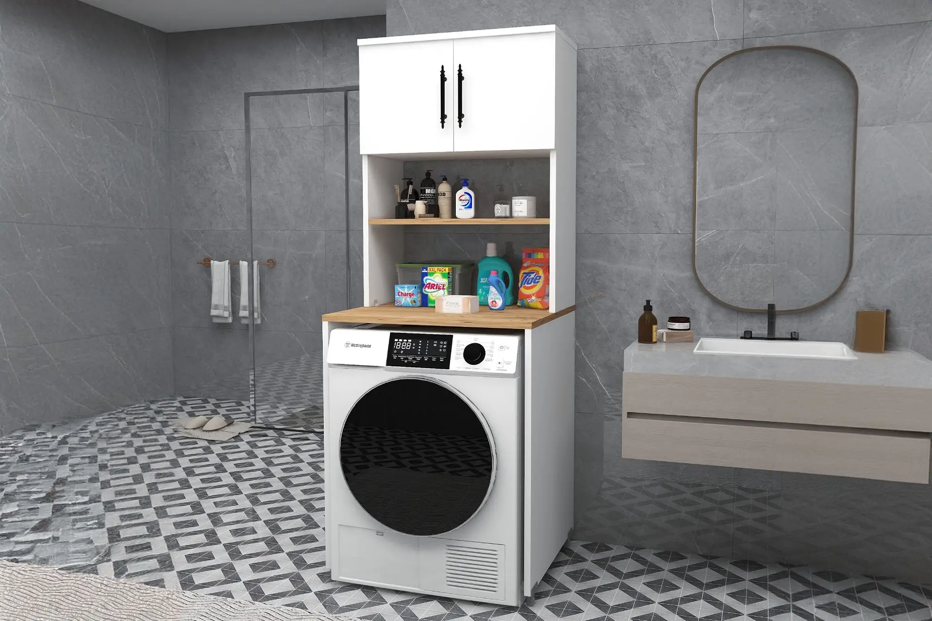 Çamaşır Makinesi Dolabı 3 Raflı Kapaklı Banyo Dolabı Atlantik Çam - Beyaz