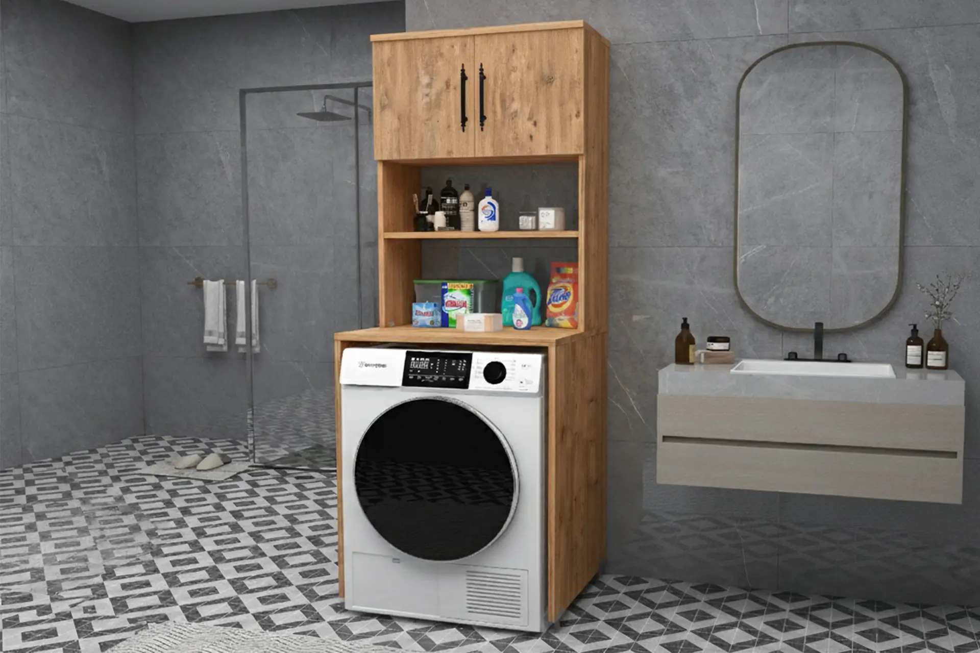 Çamaşır Makinesi Üstü Dolabı 3 Raflı Kapaklı Banyo Dolabı Atlantik Çam