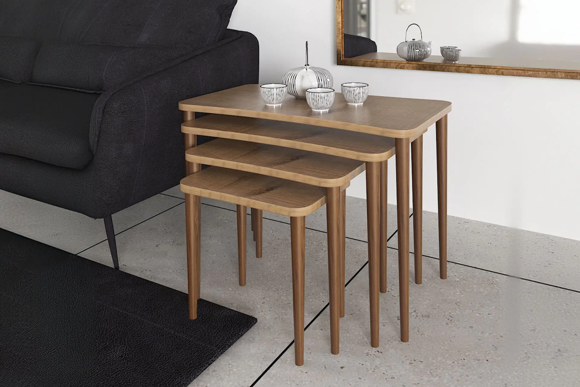 Erendiz 4lü Ahşap Ayaklı Zigon Sehpa XL Ceviz