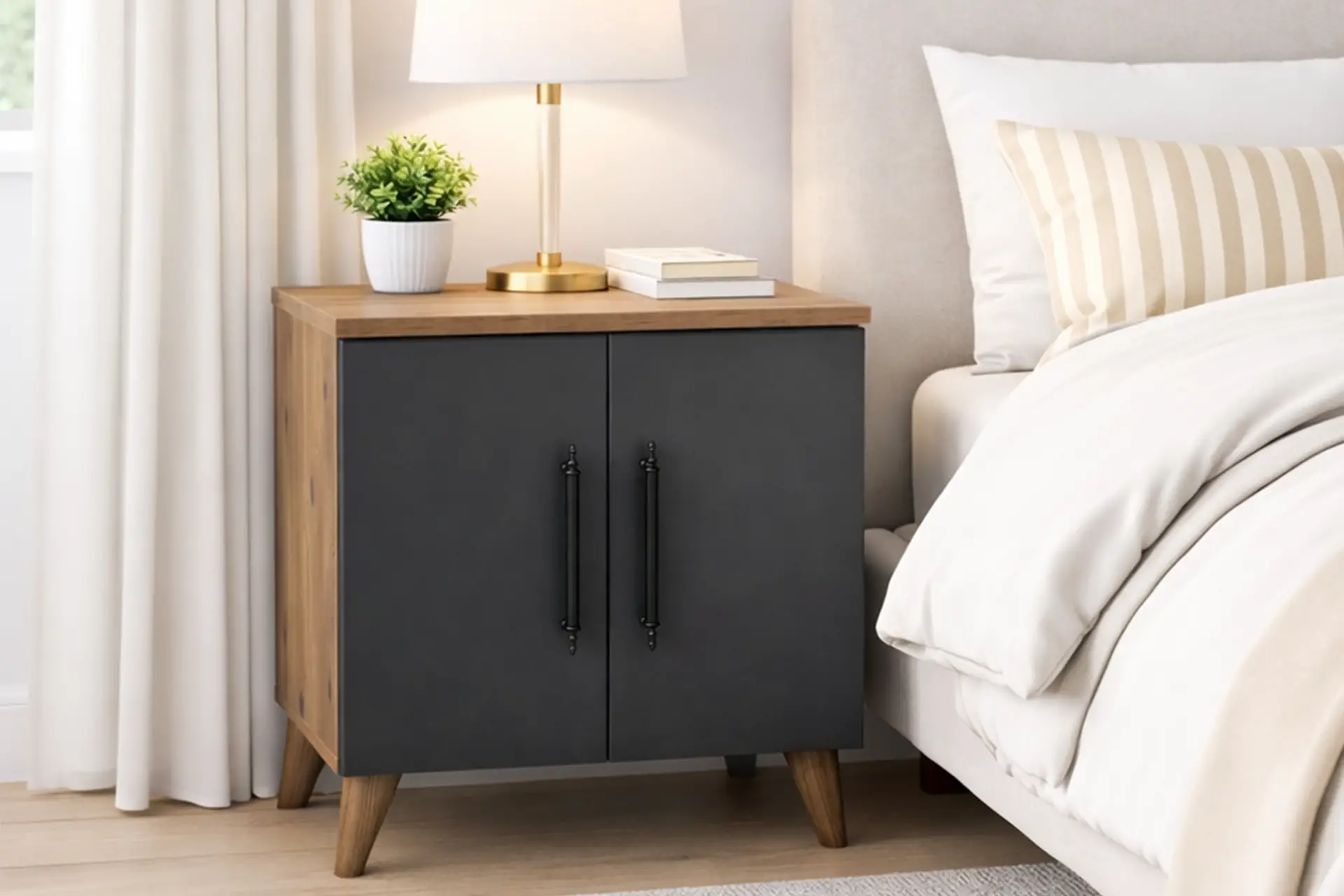 Lumen 2 Kapaklı Raflı Klasik Komodin Antrasit - Atlantik Çam