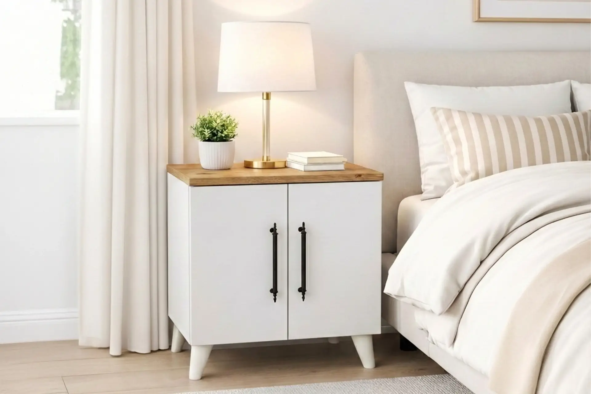 Lumen 2 Kapaklı Raflı Klasik Komodin Beyaz - Atlantik Çam