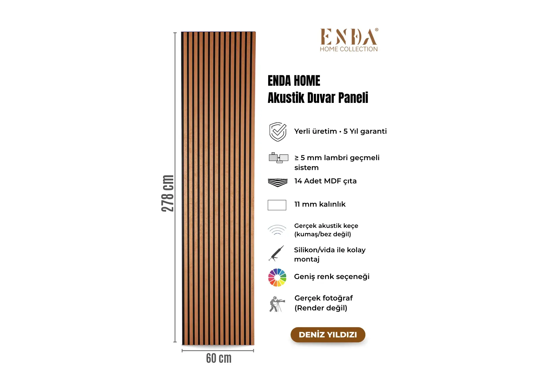MDF Akustik Duvar Paneli 60×278 cm – Deniz Yıldızı