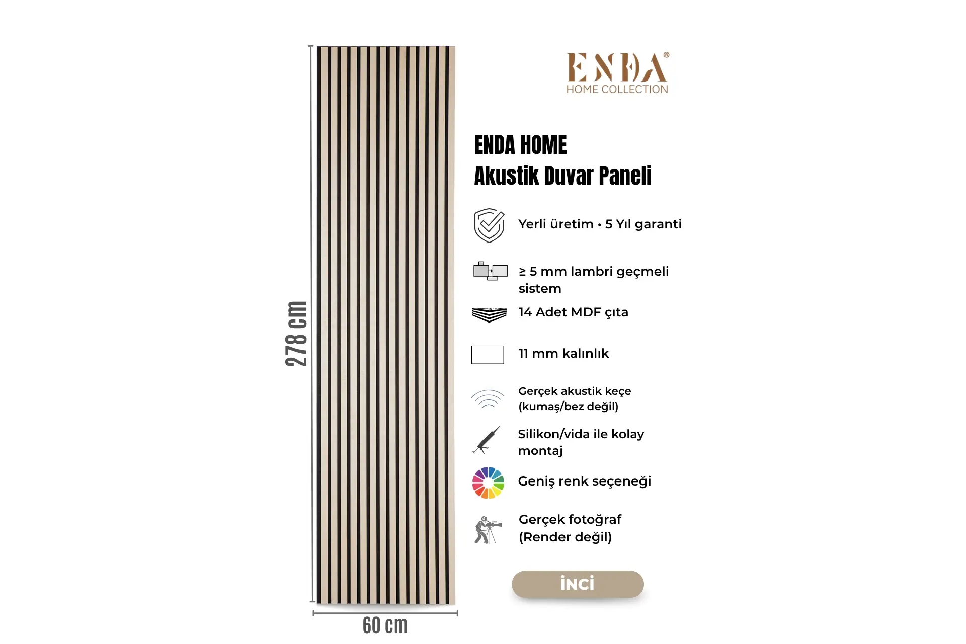 MDF Akustik Duvar Paneli 60×278 cm – İnci