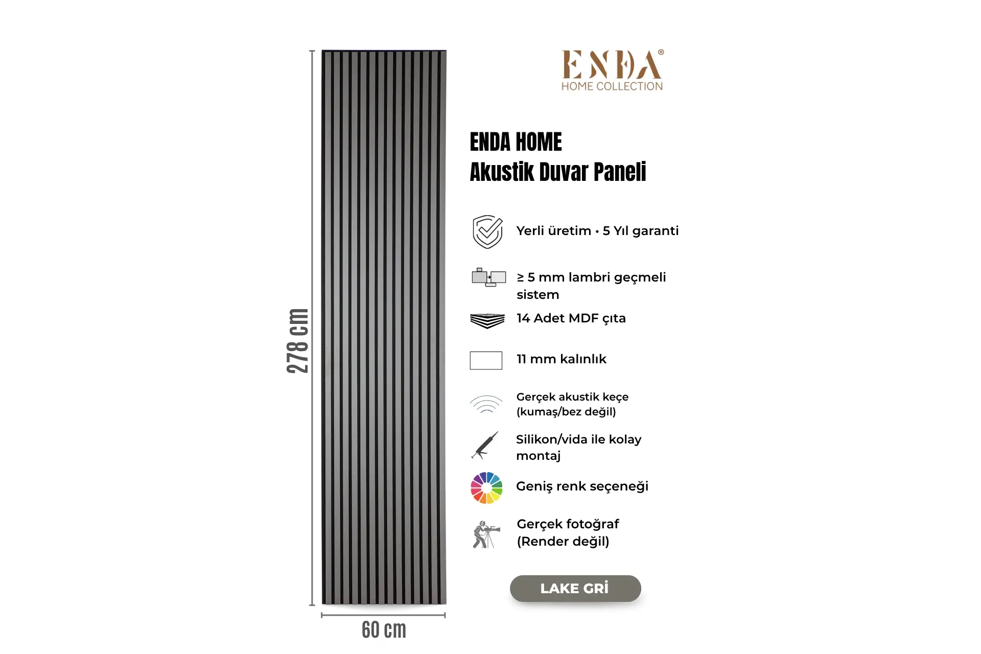 MDF Akustik Duvar Paneli 60×278 cm – Lake Gri