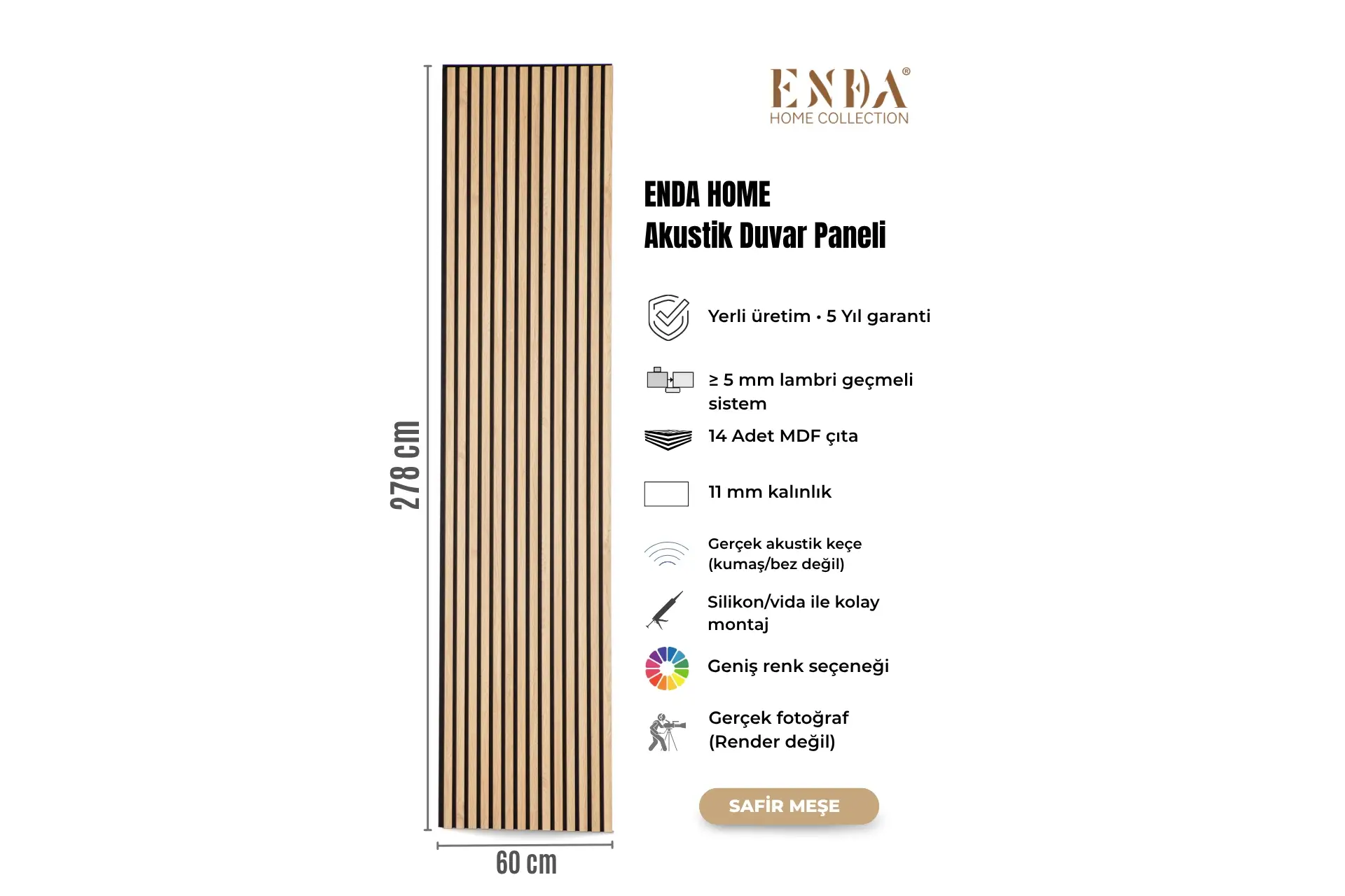 MDF Akustik Duvar Paneli 60×278 cm – Safir Meşe