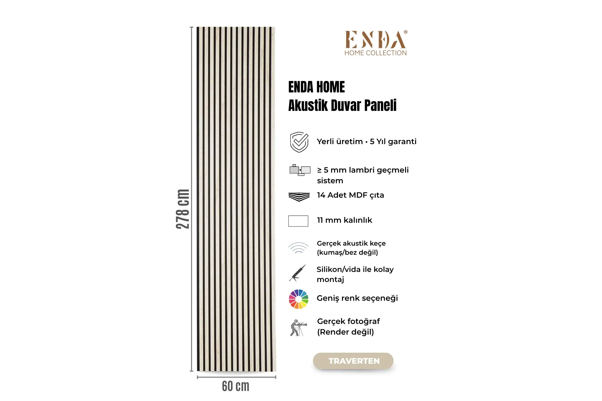 MDF Akustik Duvar Paneli 60×278 cm – Traverten