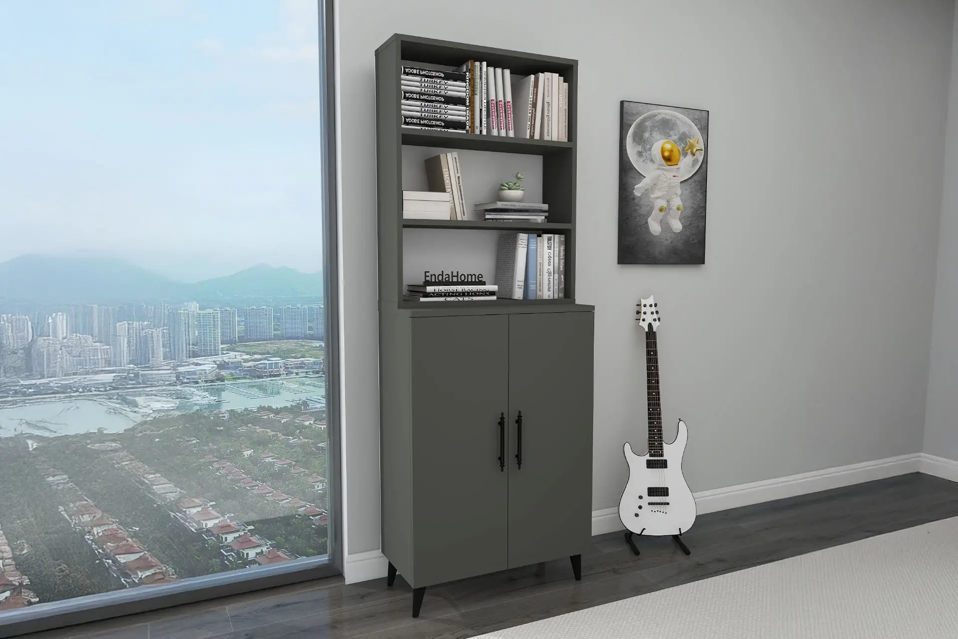 Oras 6 Raflı 2 Kapaklı Klasik Kitaplık Antrasit