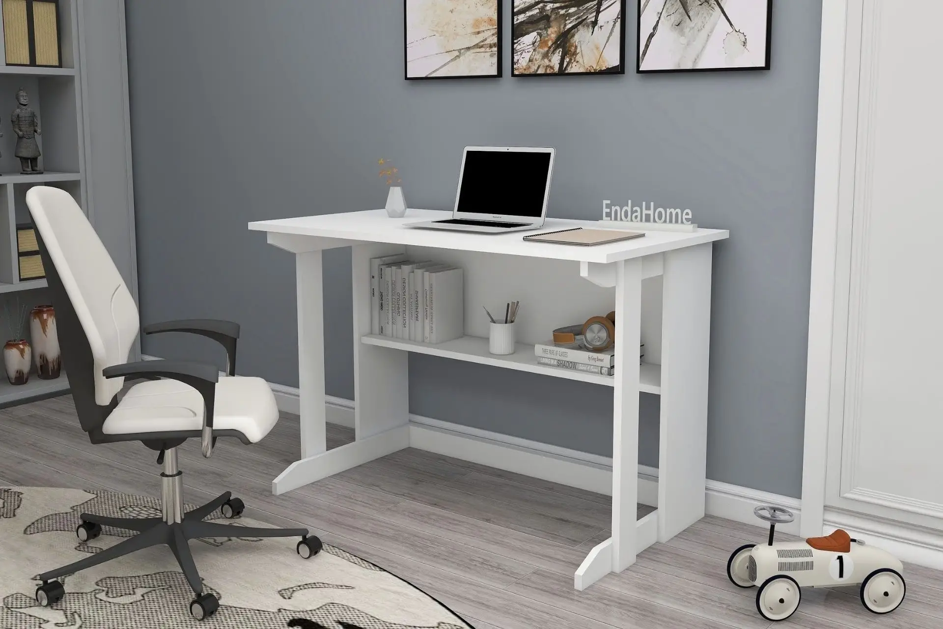 Pillar Kütüphaneli Geniş Çalışma Masası 100x56 Cm Beyaz