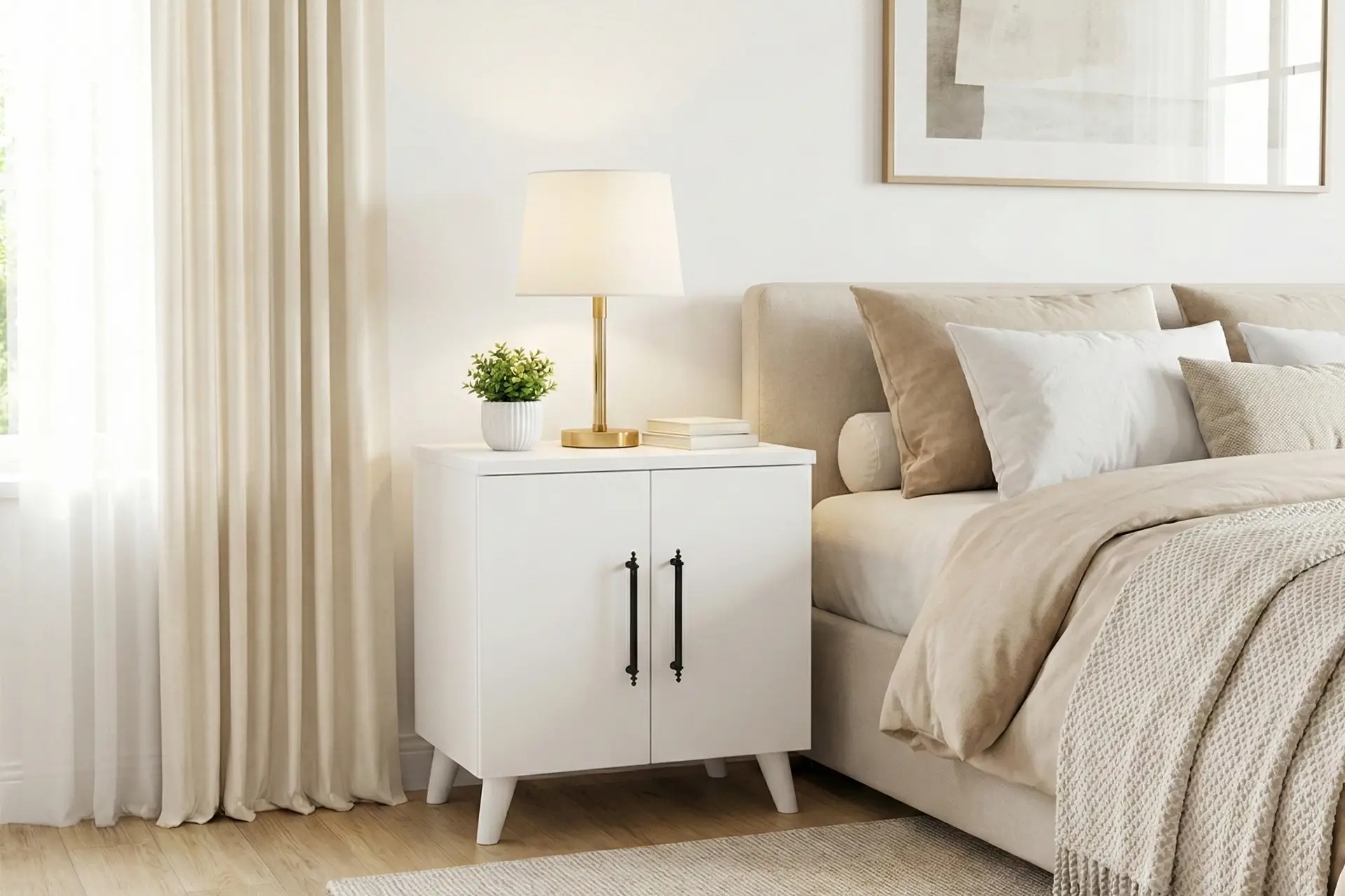 Lumen 2 Kapaklı Raflı Klasik Komodin Mat Beyaz