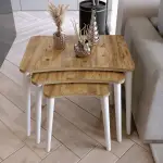 Algan 3lü Zigon Sehpa Modern Beyaz Ahşap Ayaklı Salon Seti Atlantik Çam