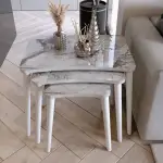 Algan 3lü Zigon Sehpa Modern Beyaz Ahşap Ayaklı Salon Seti Beyaz Mermer