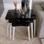 Algan 3lü Zigon Sehpa Modern Beyaz Ahşap Ayaklı Salon Seti Siyah Mermer