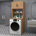 Çamaşır Makinesi Üstü Dolabı 3 Raflı Kapaklı Banyo Dolabı Atlantik Çam
