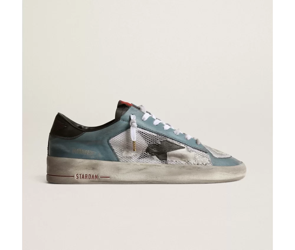 Golden Goose Men’s Stardan in distressed mesh and petrol-colored upper