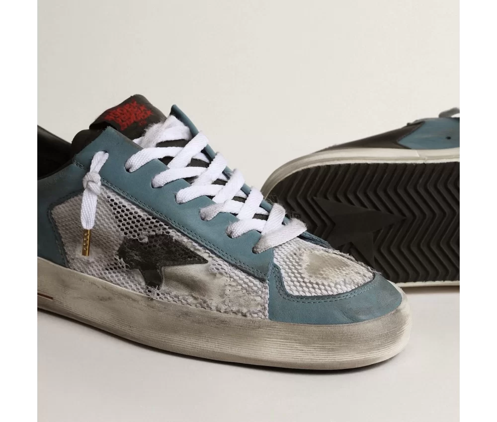 Golden Goose Men’s Stardan in distressed mesh and petrol-colored upper