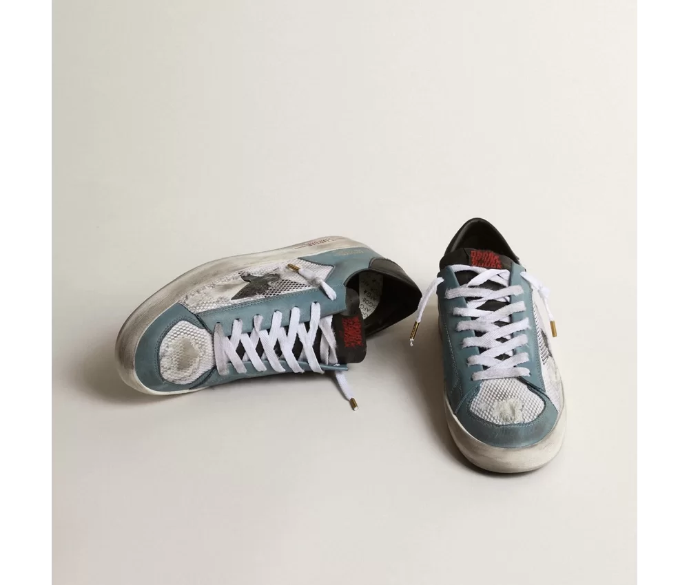 Golden Goose Men’s Stardan in distressed mesh and petrol-colored upper