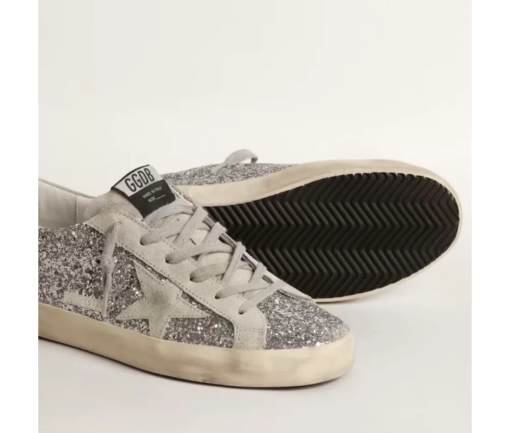 Golden Goose Super-Star in silver glitter with ice-gray suede star