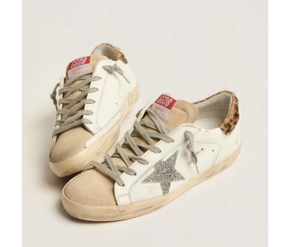 Golden Goose Super-Star Sneakers With Leopard-Print Pony Skin Heel Tab And Swarovski Crystal