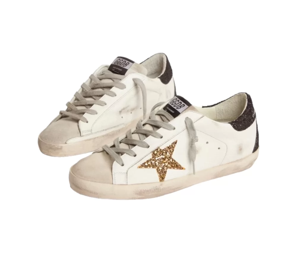 Golden Goose Womens Super Star with Gold Star and Black Glitter Heel Tab