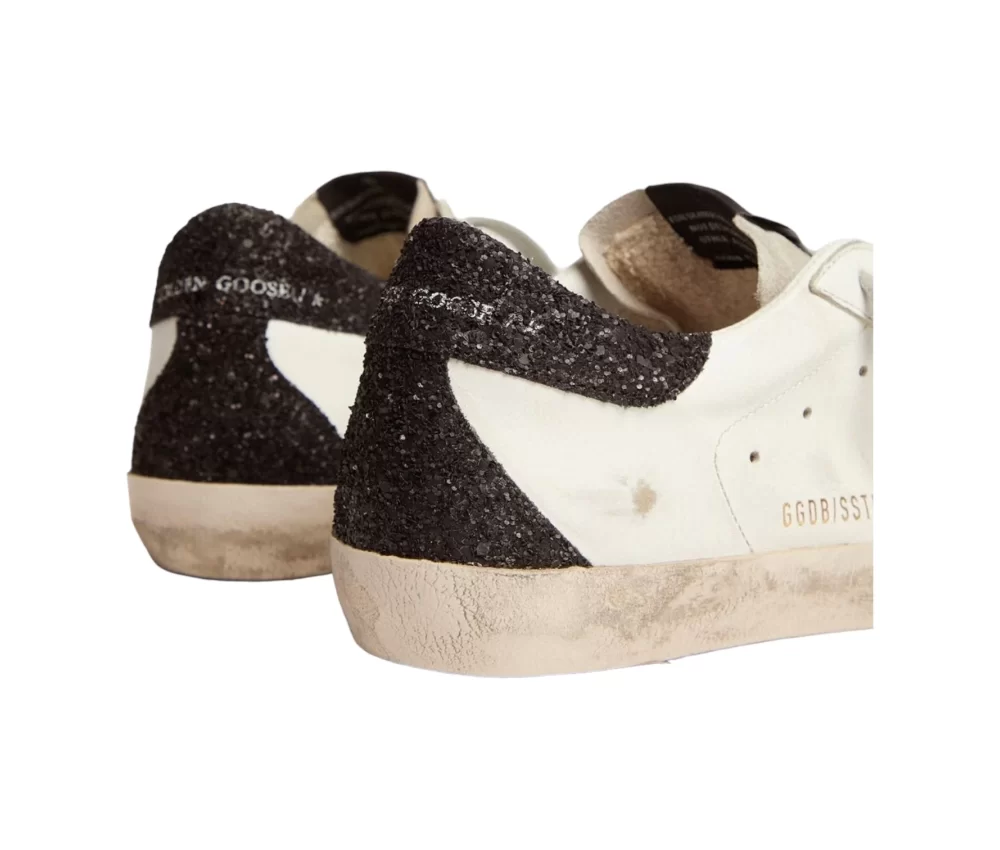 Golden Goose Womens Super Star with Gold Star and Black Glitter Heel Tab