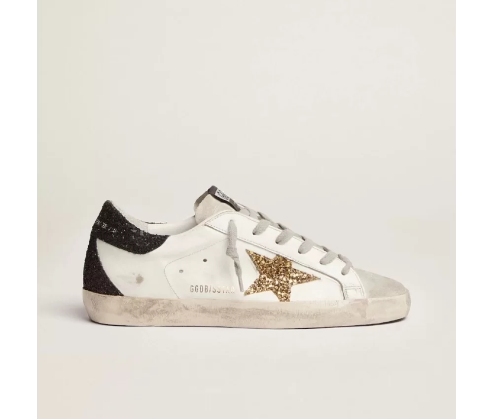 Golden Goose Womens Super Star with Gold Star and Black Glitter Heel Tab