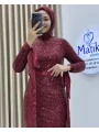 Analı Kızlı Boncuk Payet Midi Elbise