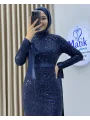 Analı Kızlı Boncuk Payet Midi Elbise