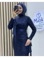 Analı Kızlı Boncuk Payet Midi Elbise