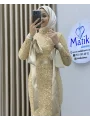 Analı Kızlı Boncuk Payet Midi Elbise
