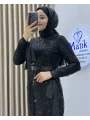 Analı Kızlı Boncuk Payet Midi Elbise
