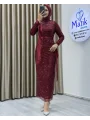 Analı Kızlı Boncuk Payet Midi Elbise