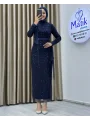 Analı Kızlı Boncuk Payet Midi Elbise