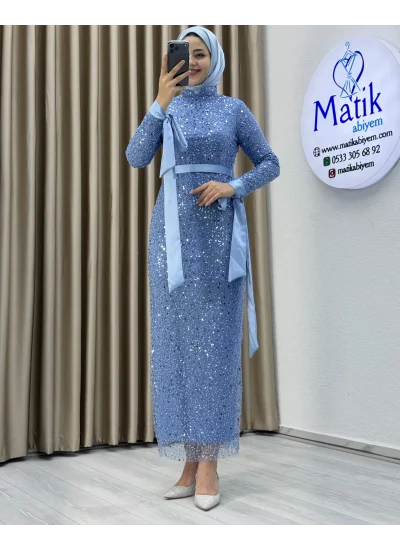 Analı Kızlı Boncuk Payet Midi Elbise