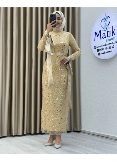 Analı Kızlı Boncuk Payet Midi Elbise