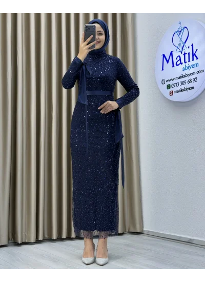 Analı Kızlı Boncuk Payet Midi Elbise