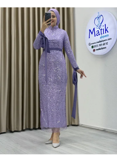 Analı Kızlı Boncuk Payet Midi Elbise