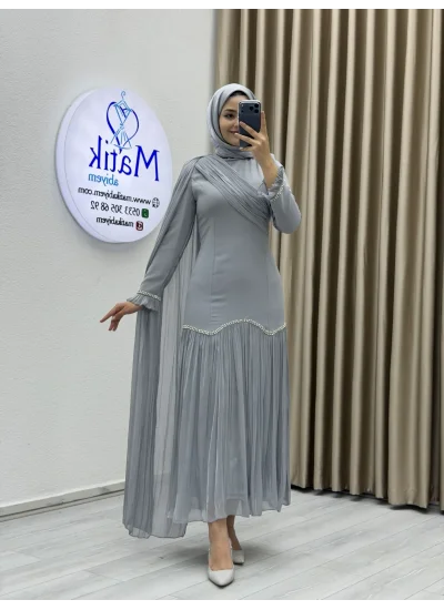 Sofia Kumaş Şifon Detaylı Abiye Elbise