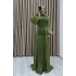 Bel Taş İşlemeli, Şifon Pile Detaylı, Balon Kollu, Dik Yaka, Uzun Boy, A Kesim Zarif Abiye Elbise