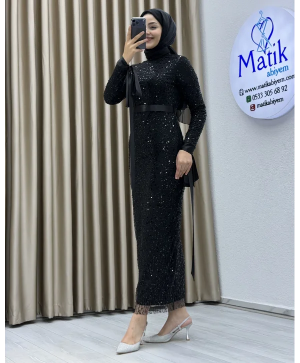 Analı Kızlı Boncuk Payet Midi Elbise