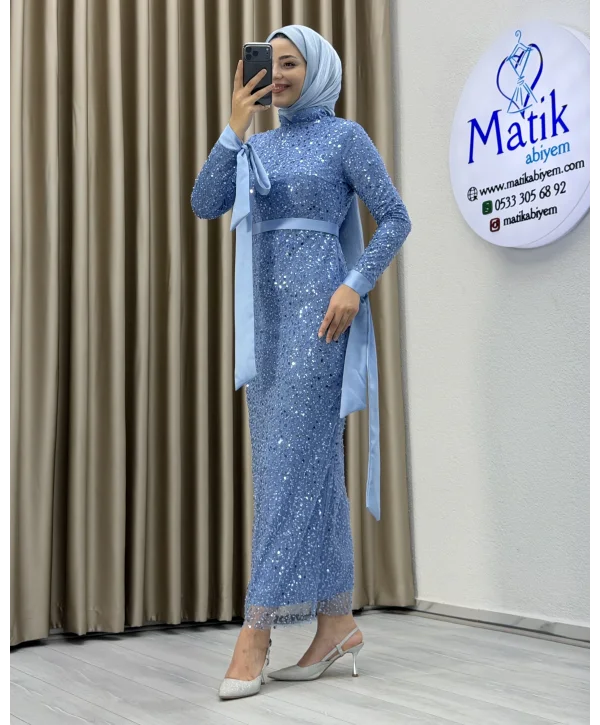 Analı Kızlı Boncuk Payet Midi Elbise
