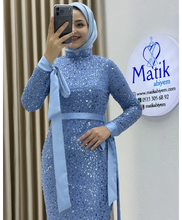Analı Kızlı Boncuk Payet Midi Elbise
