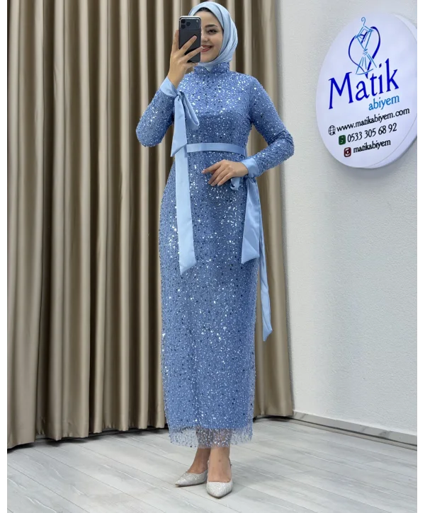 Analı Kızlı Boncuk Payet Midi Elbise